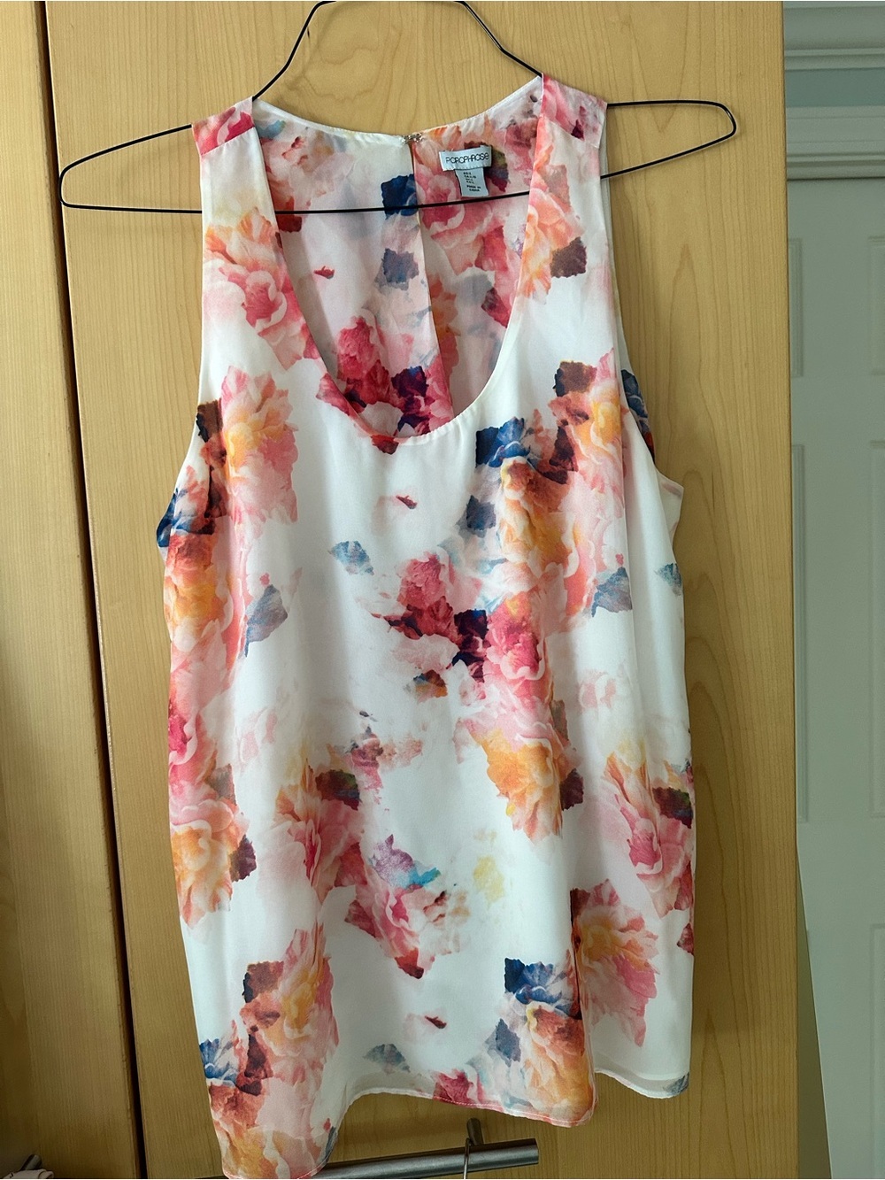 Porophrose White Floral Scoop Neck Camisole with Pink Coral Navy Accents. Large
